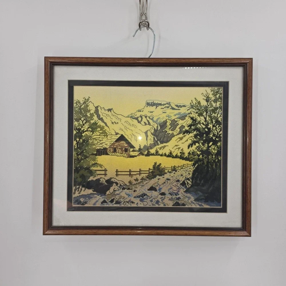 Vintage Handmade Mountain Cabin Landscape Cross Stitch Tapestry‎ Framed 14x16